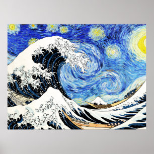 The Great Wave Off Kanagawa in Starry night Poster