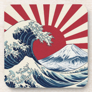 The Great Wave off Kanagawa & rising sun flag Coaster