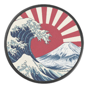 The Great Wave off Kanagawa & rising sun flag Hockey Puck