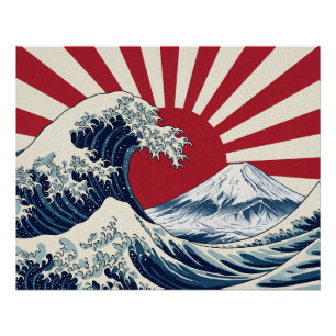 The Great Wave off Kanagawa & rising sun flag Poster