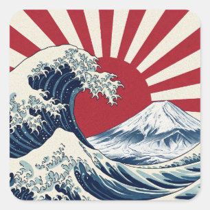 The Great Wave off Kanagawa & rising sun flag Square Sticker