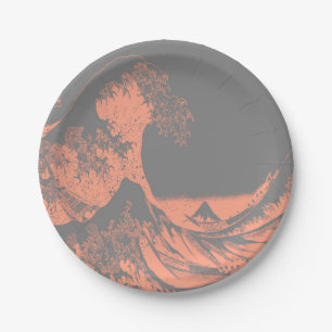 The Great Wave Paper Plates Peach & Grey
