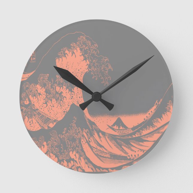 The Great Wave Peach & Grey Round Clock (Front)
