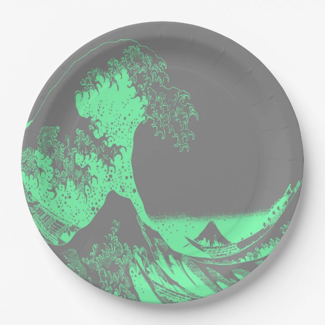 The Great Wave Seafoam Green & Grey Paper Plates (Front)