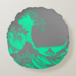 The Great Wave Seafoam Green & Grey Round Pillow
