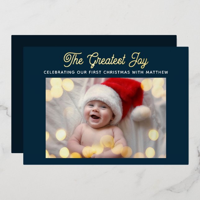 The Greatest Joy Modern Blue Baby First Christmas Foil Holiday Card (Front/Back)