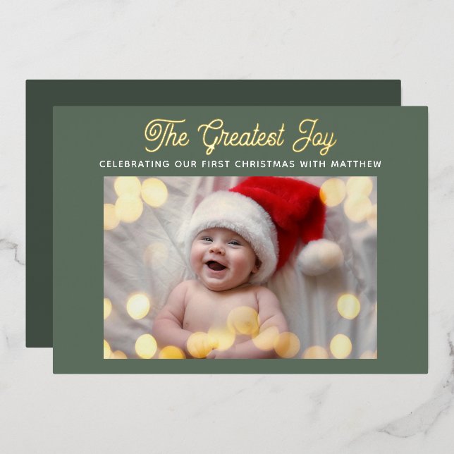 The Greatest Joy Modern Green Baby Christmas  Foil Holiday Card (Front/Back)