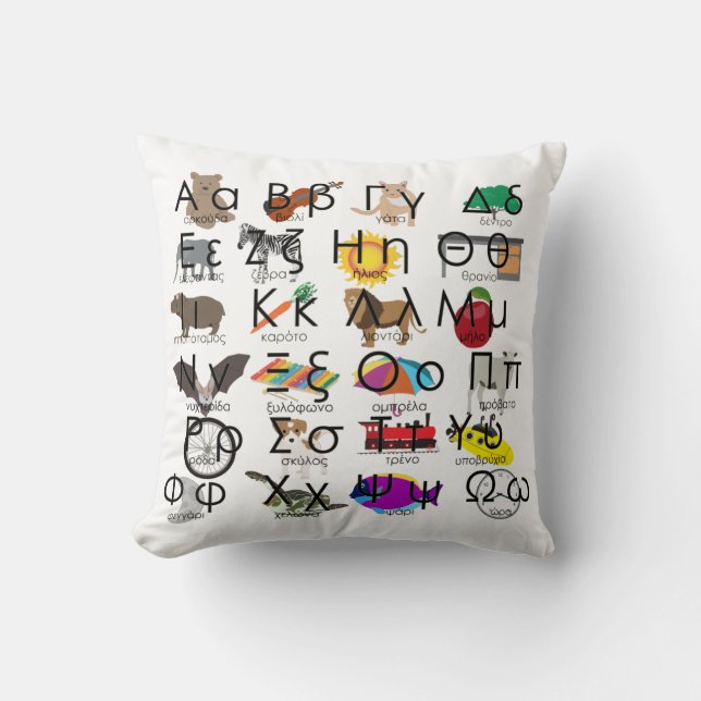 The Greek Alphabet Letters Words & Pictures Cushion (Front)