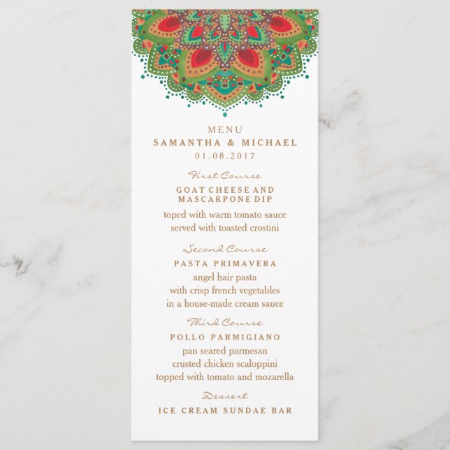 The Green Mandala Wedding Menu Card (Front)