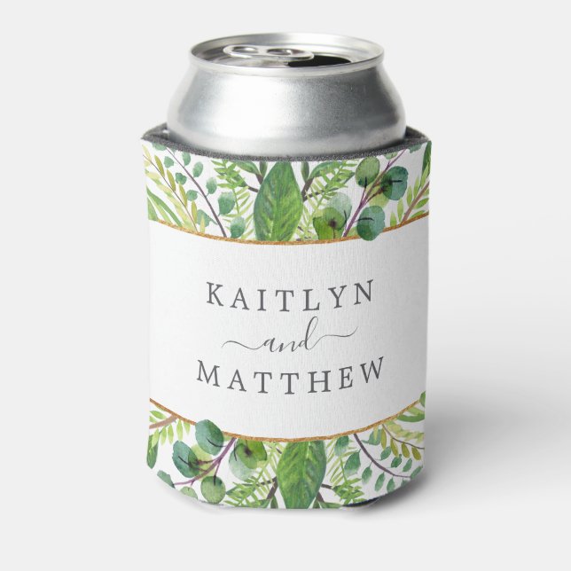 The Greenery & Gold Wedding Collection Can Cooler (Can Back)