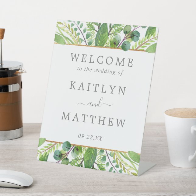 The Greenery & Gold Wedding Collection Pedestal Sign (In SItu)