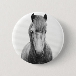 The grey, horse, black and white 6 cm round badge