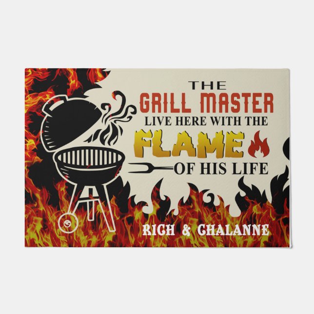 The Grill Master Lives Here With The Flame  Doormat (Front)