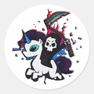 The grim reaper riding a unicorn  classic round sticker