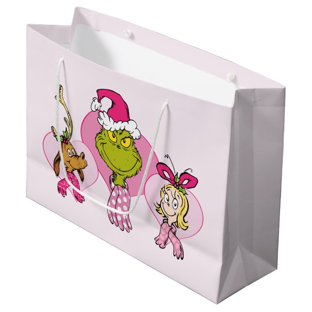 The Grinch Crew in Pink Valentine's Portrait Large Gift Bag (Front Angled)