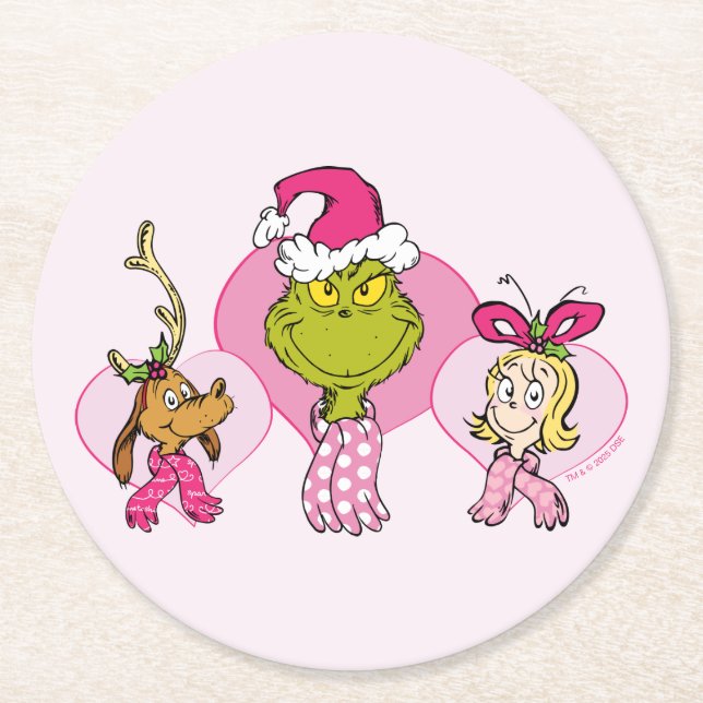 The Grinch Crew in Pink Valentine's Portrait Round Paper Coaster (Front)