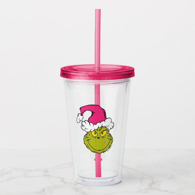 The Grinch in Pink Santa Hat Acrylic Tumbler (Front)