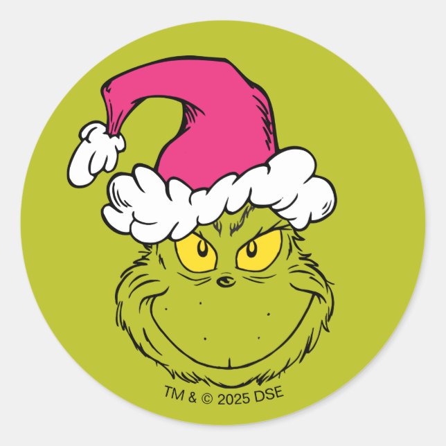 The Grinch in Pink Santa Hat Classic Round Sticker (Front)