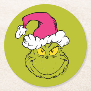 The Grinch in Pink Santa Hat Round Paper Coaster