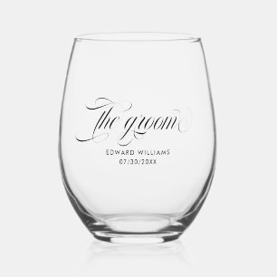 The Groom Elegant Black  Script Typography Stemless Wine Glass
