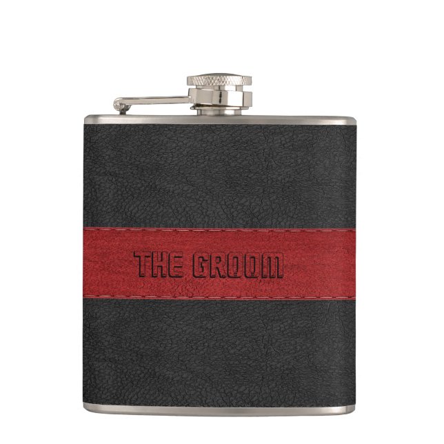 The Groom Masculine Red & Black Leather Texture Hip Flask (Front)