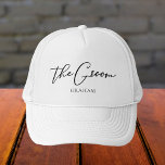 The Groom Personalised Chic Minimalist Wedding Trucker Hat<br><div class="desc">This chic,  simple groom hat features your name underneath elegant black typography reading The Groom. Customise these elegant,  modern bridal party hats for your wedding or bachelor party.</div>