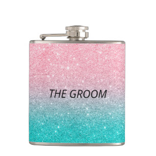 The Groom Turquoise and pink glitter ombre Hip Flask