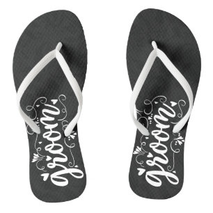The Groom White Script Typography on Black Flip Flops