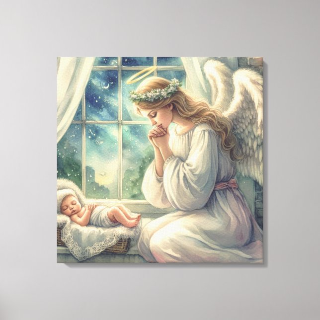 the guardian angel prays by the baby's cradle  canvas print (Front)