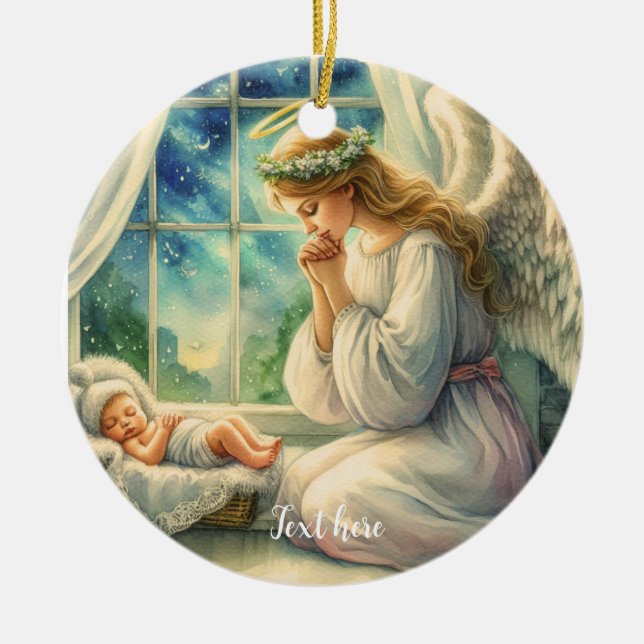 the guardian angel prays by the baby's cradle ceramic tree decoration (Front)