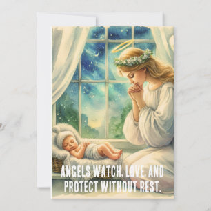 the guardian angel prays by the baby's cradle holiday card