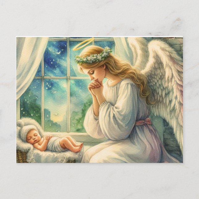 the guardian angel prays by the baby's cradle postcard (Front)