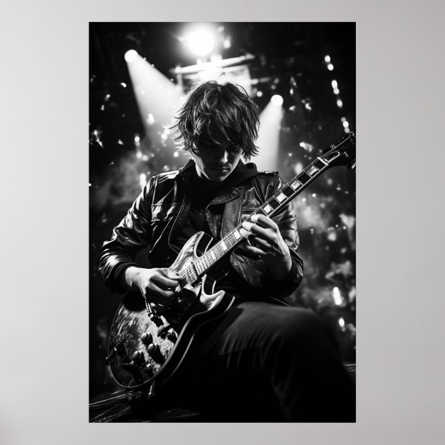 The guitarist on stage B&W photo Poster (Front)
