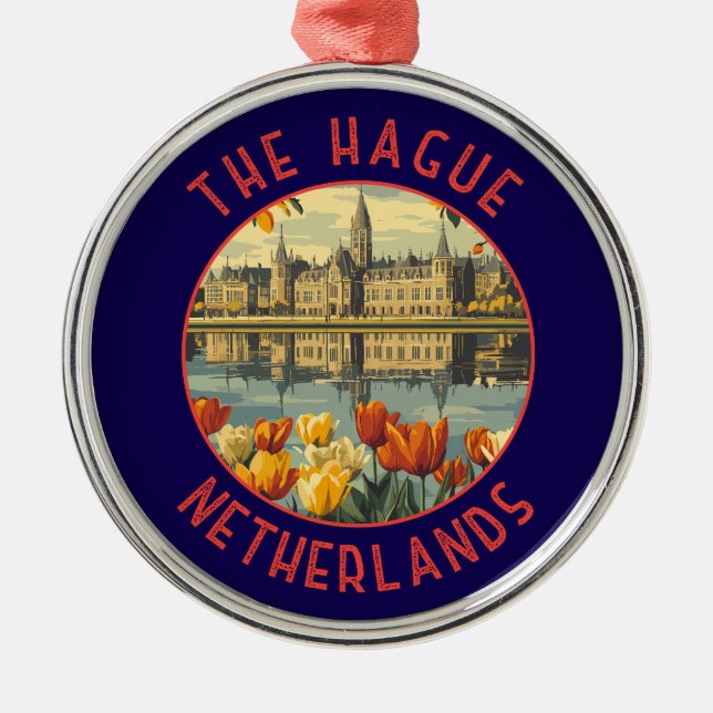 The Hague Netherlands Retro Distressed Circle Metal Tree Decoration (Front)