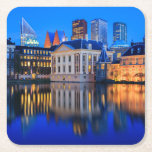 The Hague skyline at blue hour coaster<br><div class="desc">Coaster with the skyline of the Hague city,  the government centre of the Netherlands,  at the beginning of the evening at Blue Hour with the modern architecture skyscrapers behind historic Mauritshuis museum,  Binnenhof parliament building and Hofvijver lake.</div>
