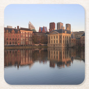 The Hague skyline in the Netherlands Square Paper Coaster