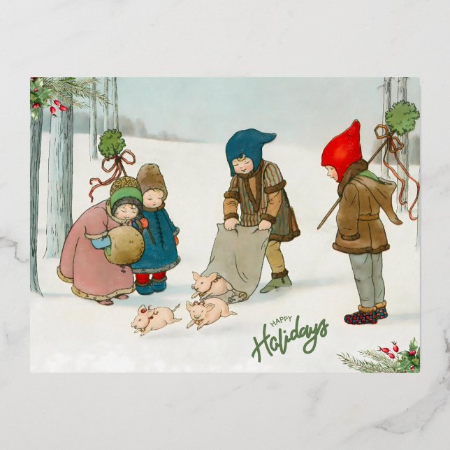 The Happiness of Winter, Vintage  Foil Holiday Postcard (Front)