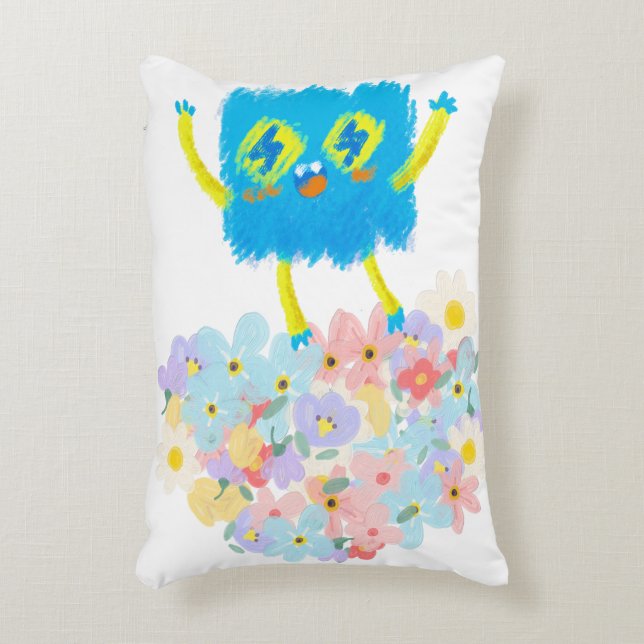 The Happy Blue Scribble on a Bed of Flowers Decorative Cushion (Front(Vertical))