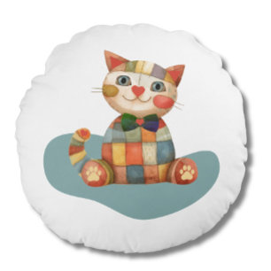 The Happy Cat Colourful Patchwork Unique Round Cushion