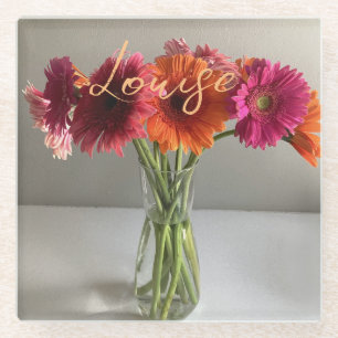 The Happy Gerbera Colorful Flower +Custom Name Glass Coaster