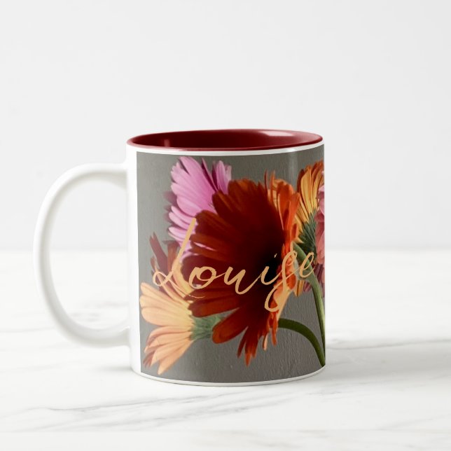 The Happy Gerbera Colourful Flower +Custom Name Two-Tone Coffee Mug (Left)