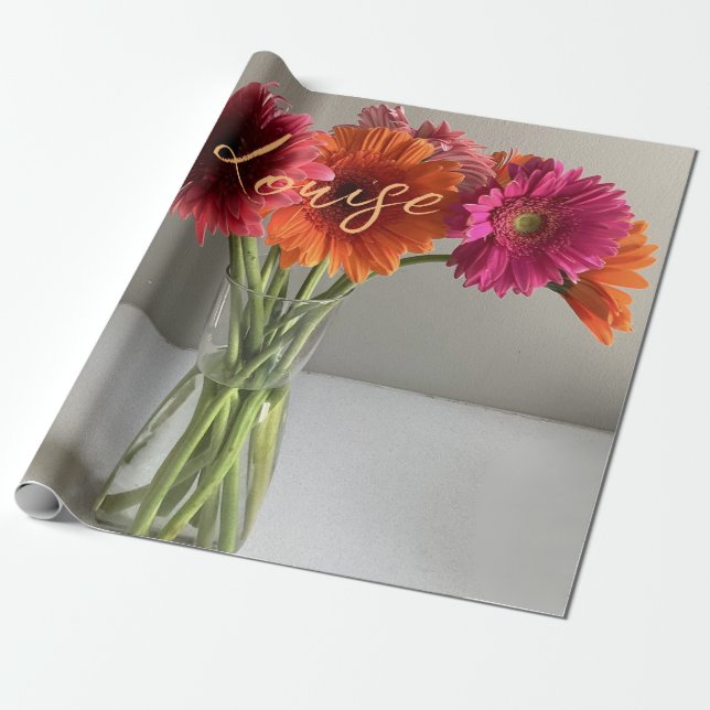 The Happy Gerbera Colourful Flower +Custom Name Wrapping Paper (Unrolled)