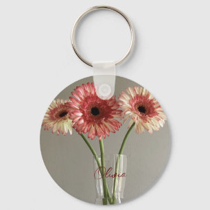 The Happy Gerbera Pink Flower Photo +Custom Name Key Ring