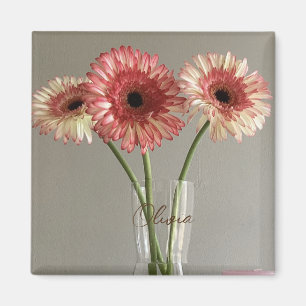 The Happy Gerbera Pink Flower Photo +Custom Name Magnet