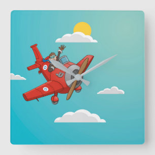 The happy pilot on his plane. square wall clock