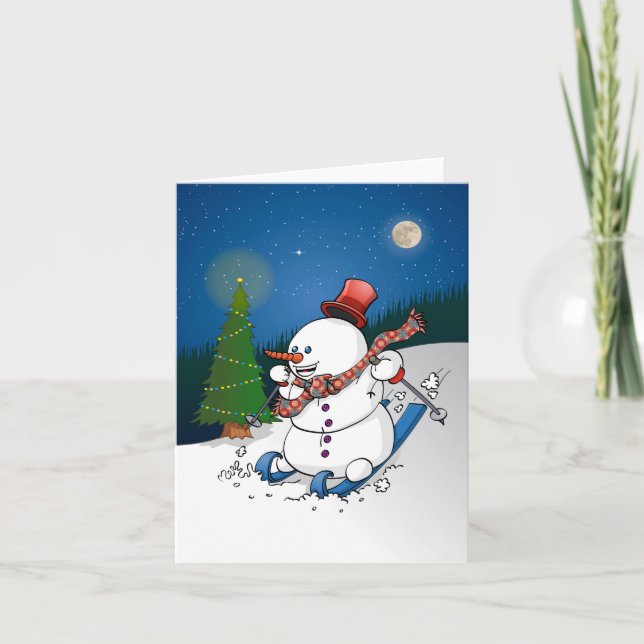 The happy snowman on skis holiday card (Front)