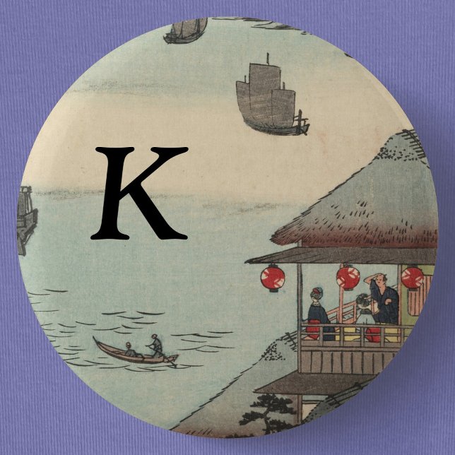 The Harbor at Kanagawa, Japan: Monogram 6 Cm Round Badge (The Harbor at Kanagawa, Japan, Monogrammed Button Pin- Detail View)