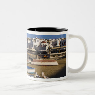 The harbour town with colourful fishing boats Two-Tone coffee mug