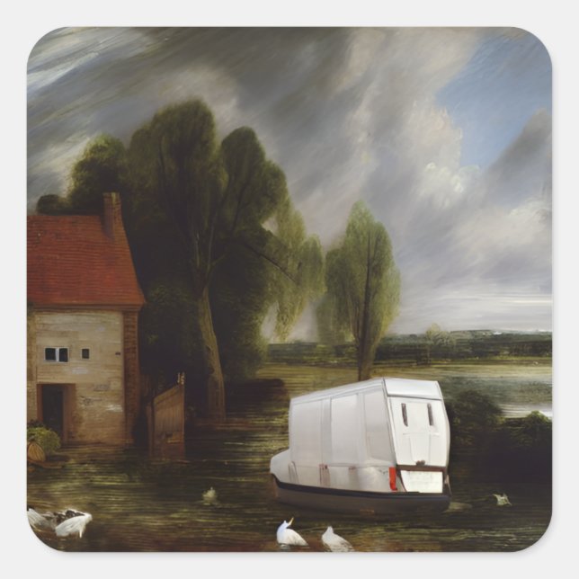 The Hay Van Landscape Scene With Stormy Sky Square Sticker (Front)