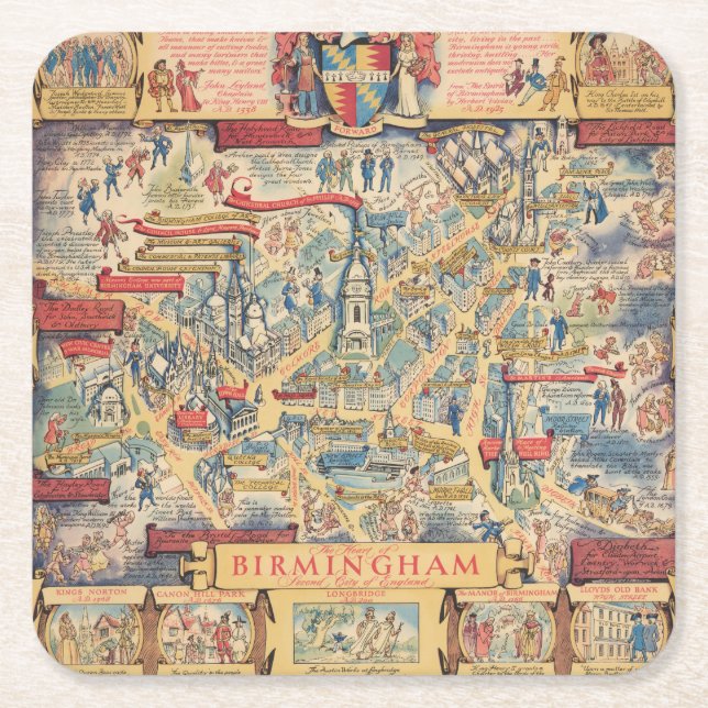 The Heart of Birmingham, England Map Square Paper Coaster (Front)